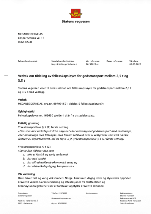 Medarbeiderne Transportløyve Vedtak